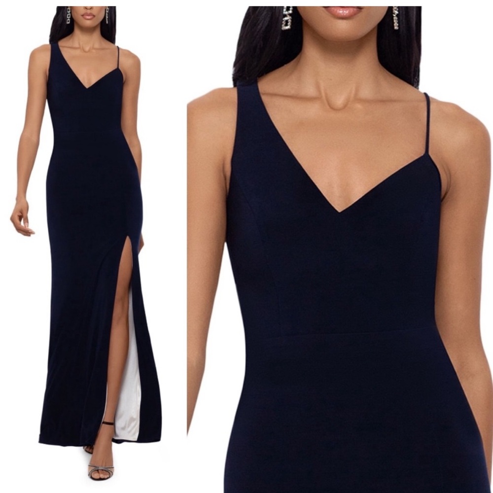 Xscape Navy Asymmetrical Slit Cocktail Dress